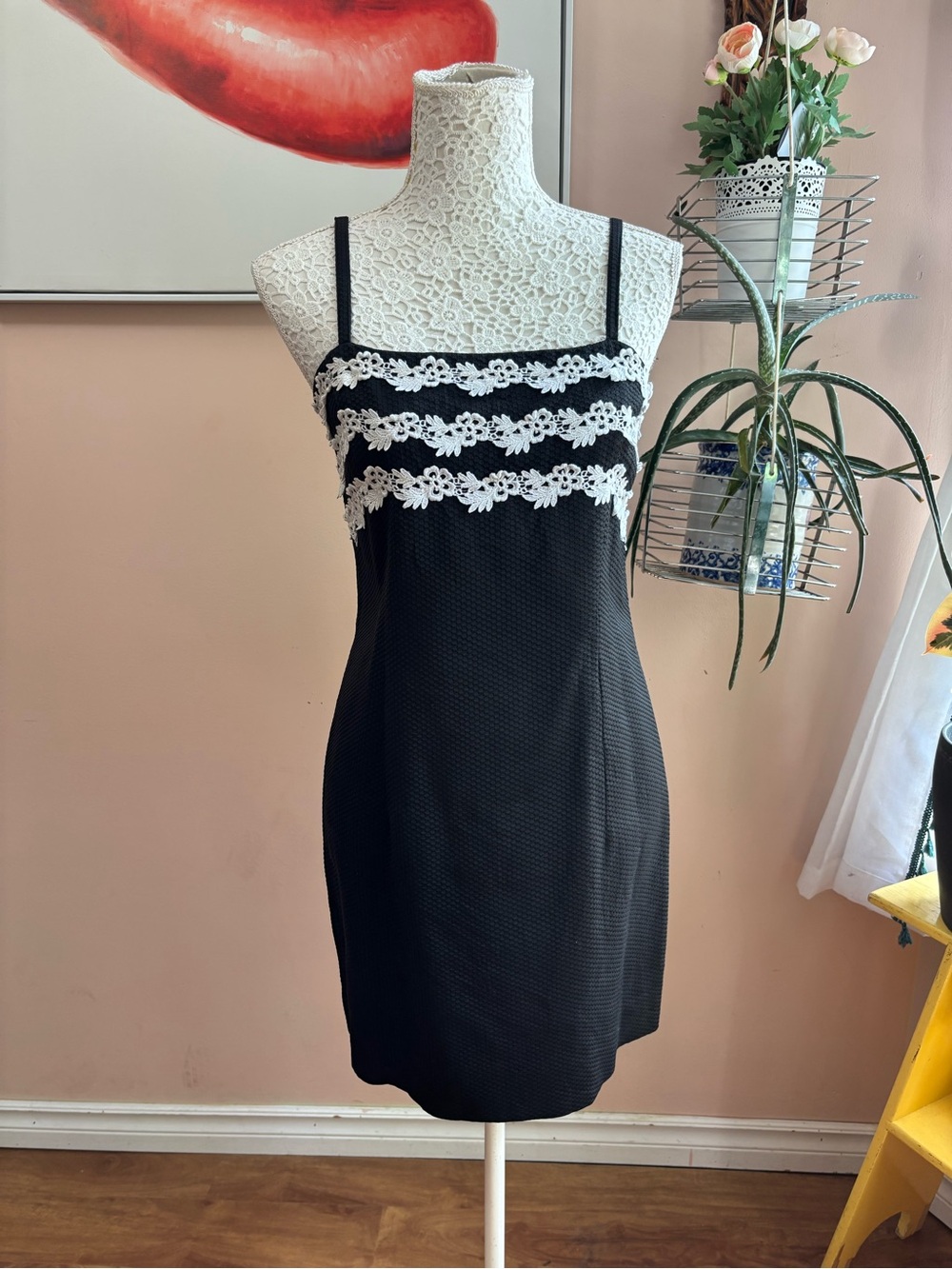 Vintage 90s Black Slip Dress with White Lace Floral Trim - Picture 3 of 14